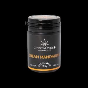 Barattolo Crystalweed “Cream Mandarine” da 2,5 g per infiorescenza CBD su sfondo nero.