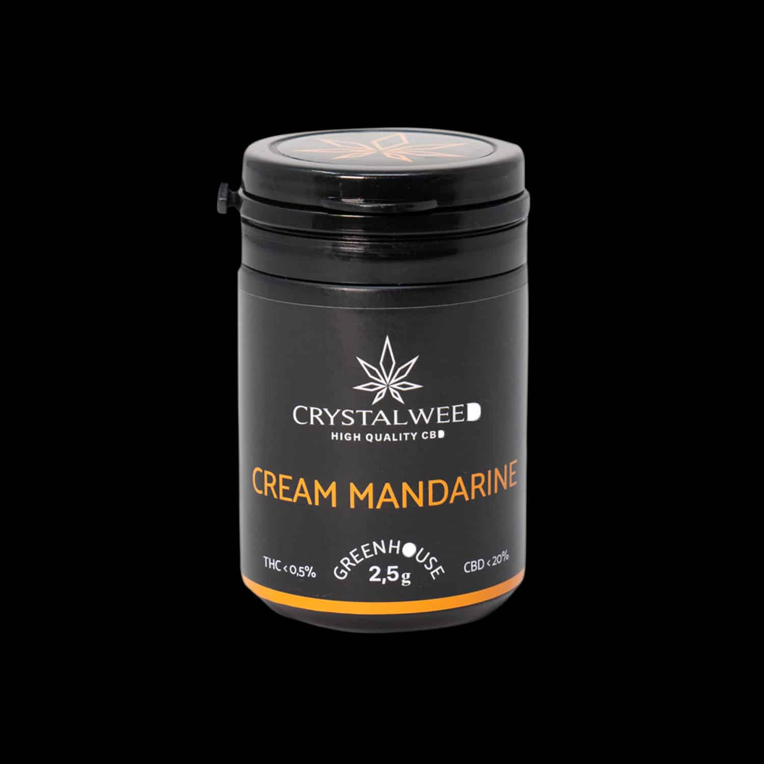 Barattolo Crystalweed “Cream Mandarine” da 2,5 g per infiorescenza CBD su sfondo nero.