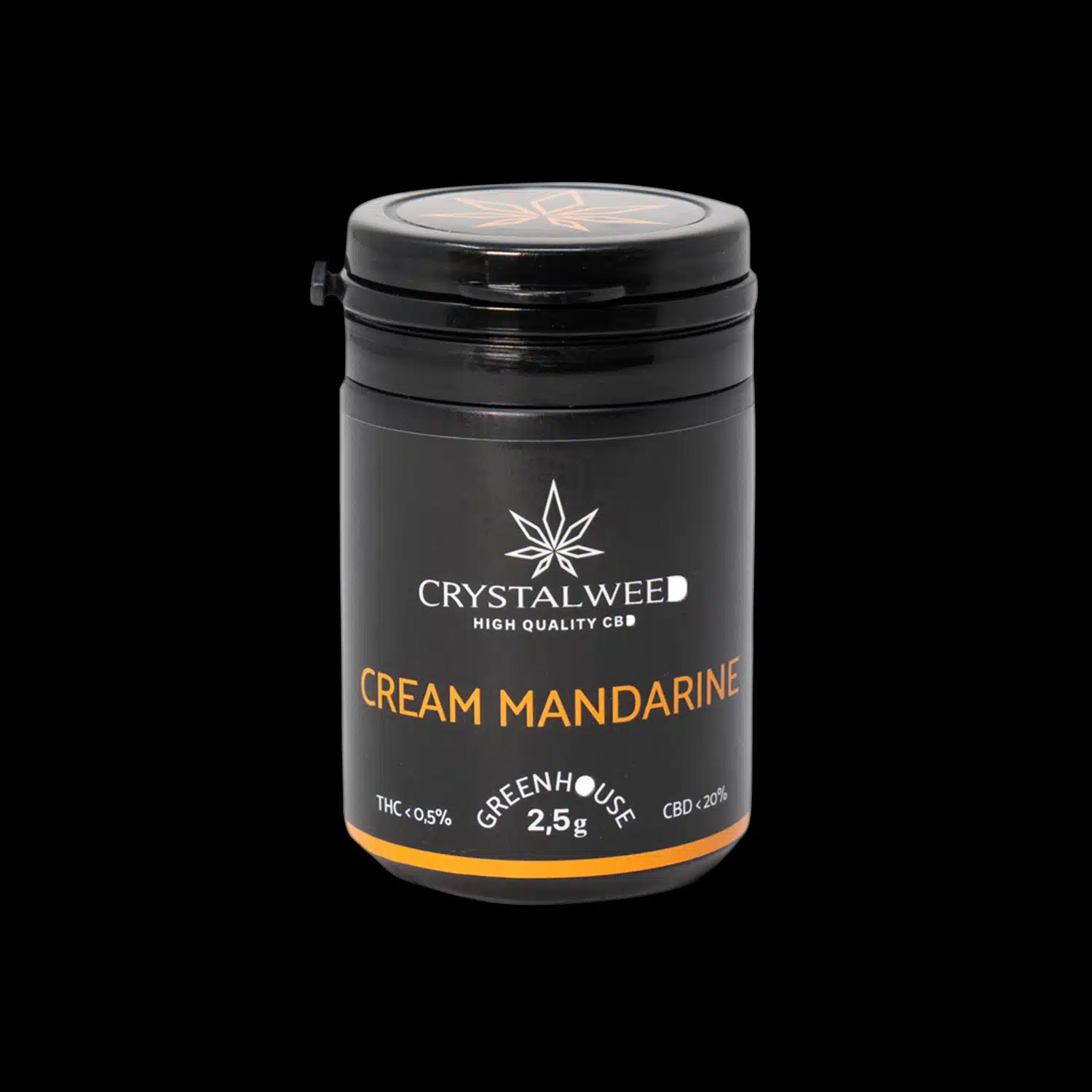 Barattolo Crystalweed “Cream Mandarine” da 2,5 g per infiorescenza CBD su sfondo nero.