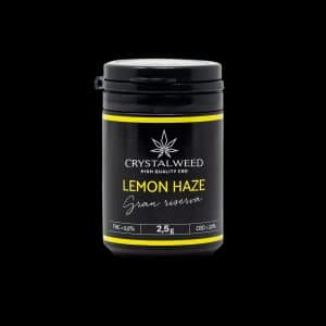Barattolo Crystalweed “Lemon Haze” da 2,5 g per infiorescenza CBD su sfondo nero.