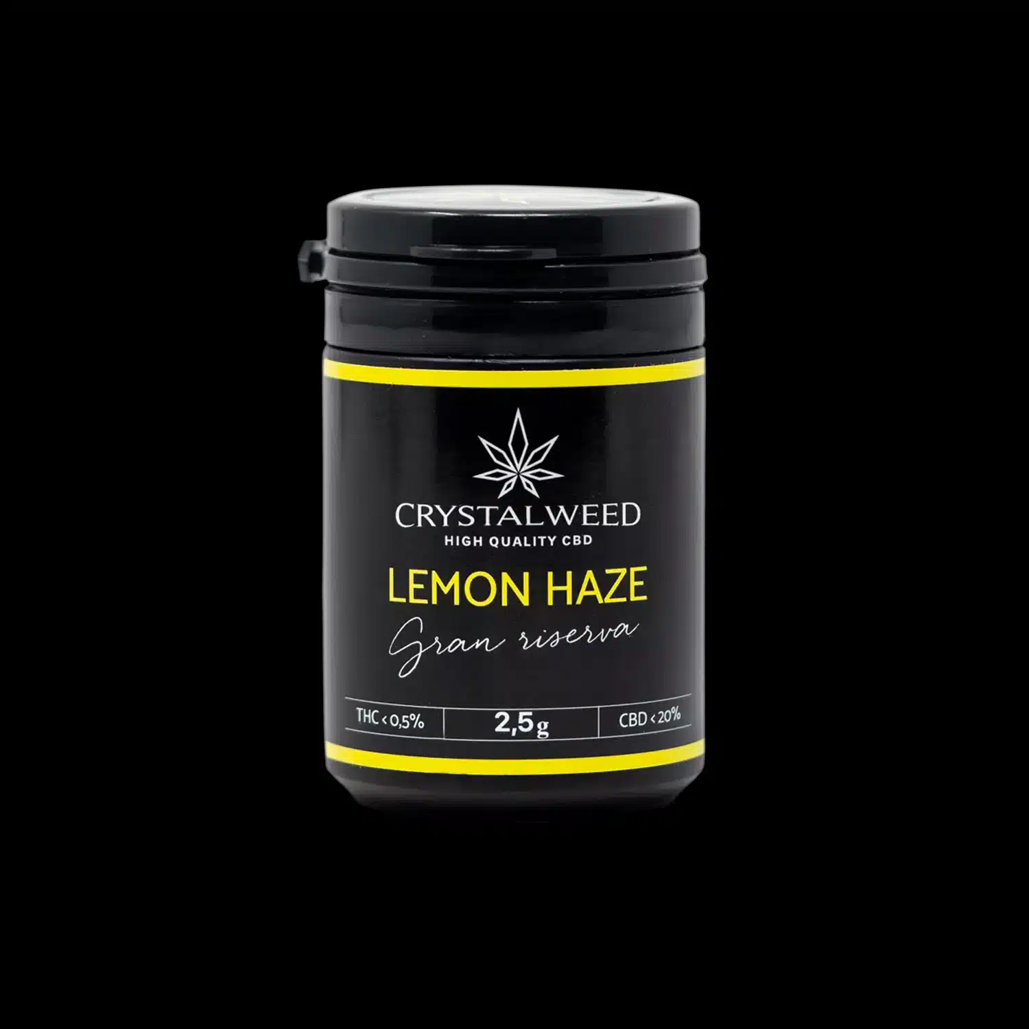Barattolo Crystalweed “Lemon Haze” da 2,5 g per infiorescenza CBD su sfondo nero.
