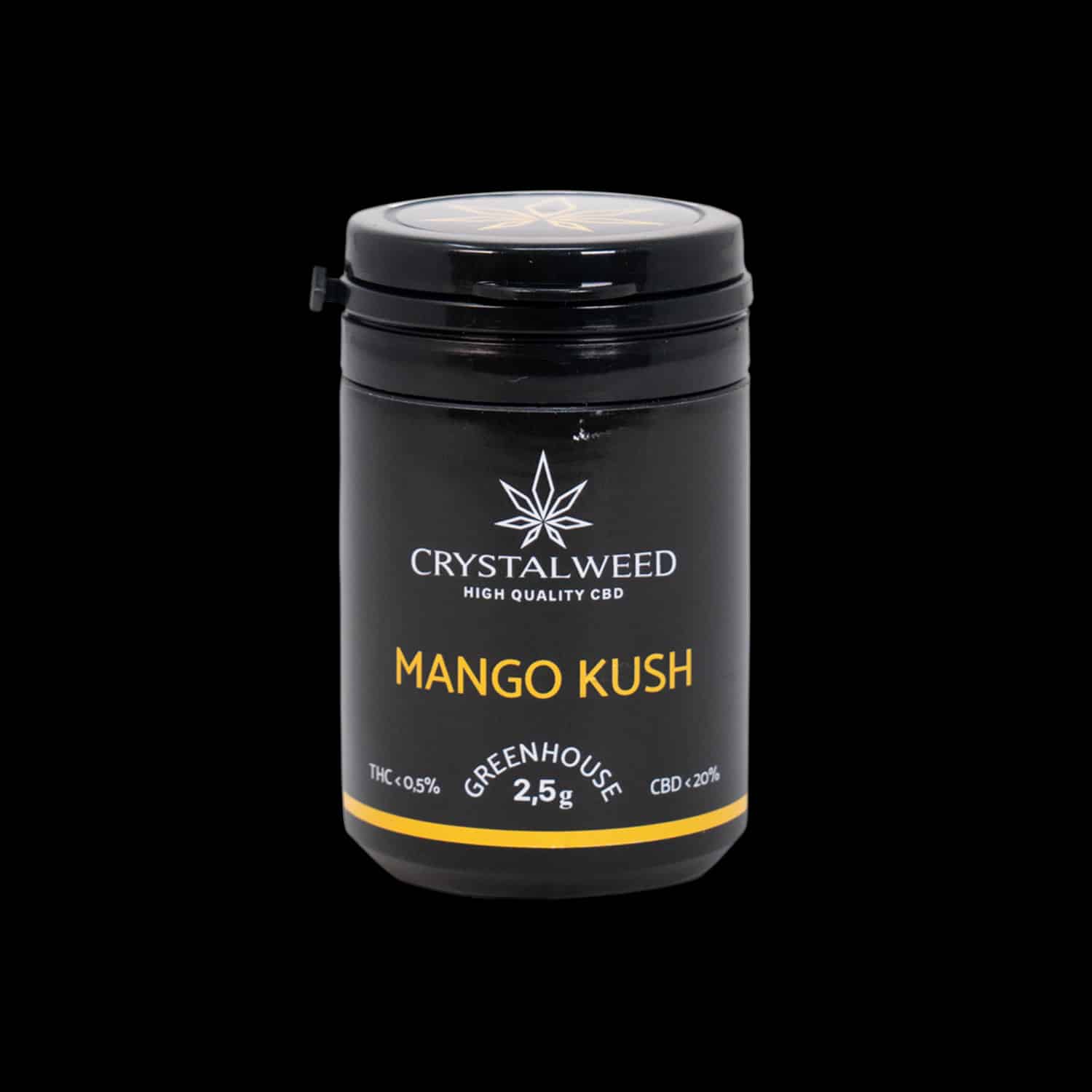 Barattolo Crystalweed “Mango Kush” da 2,5 g per infiorescenza CBD su sfondo nero.