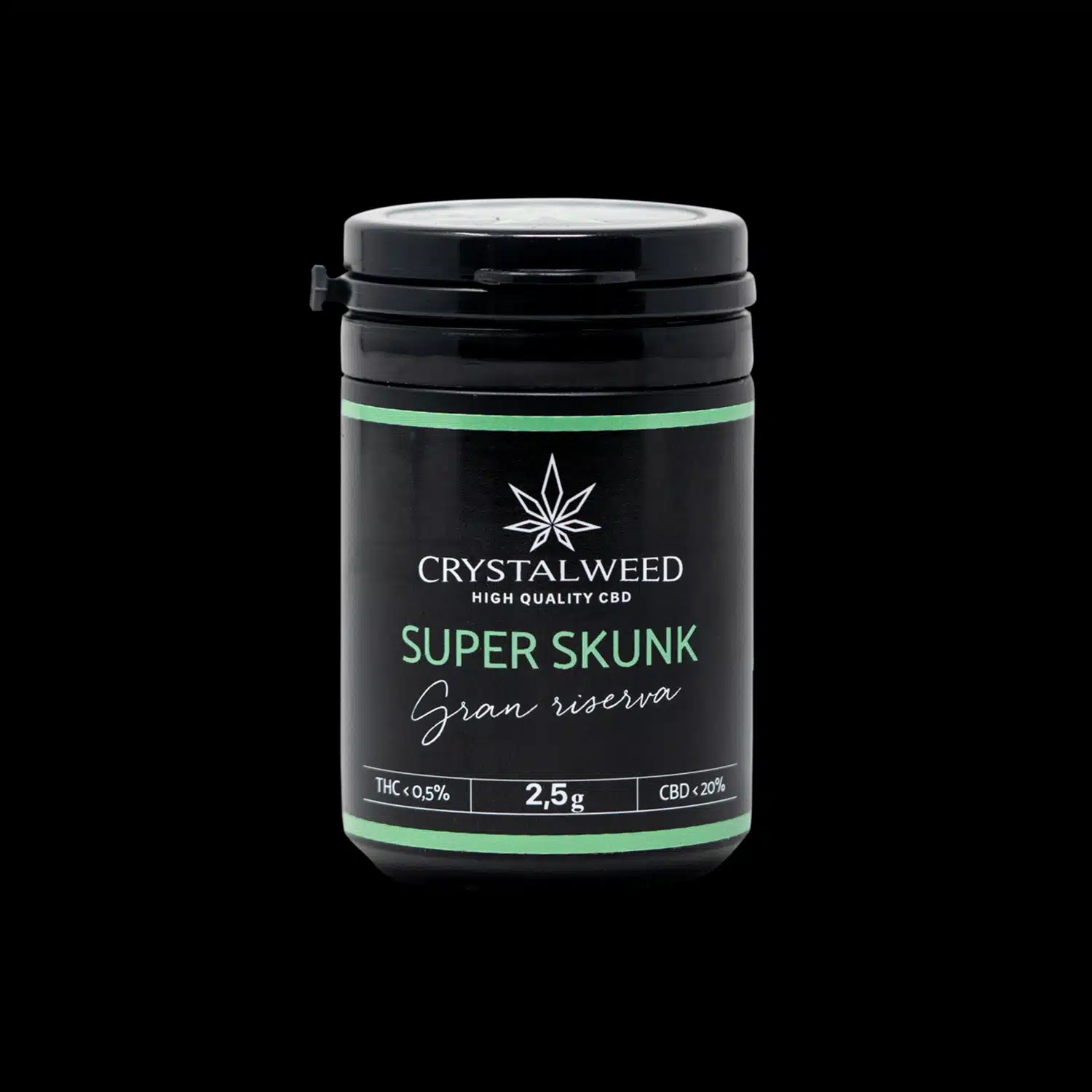 Barattolo Crystalweed “Super Skunk” Gran Riserva da 2,5 g per infiorescenza CBD su sfondo nero.