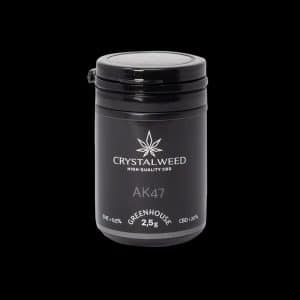 Barattolo Crystalweed “AK47” da 2,5 g per infiorescenza CBD su sfondo nero.
