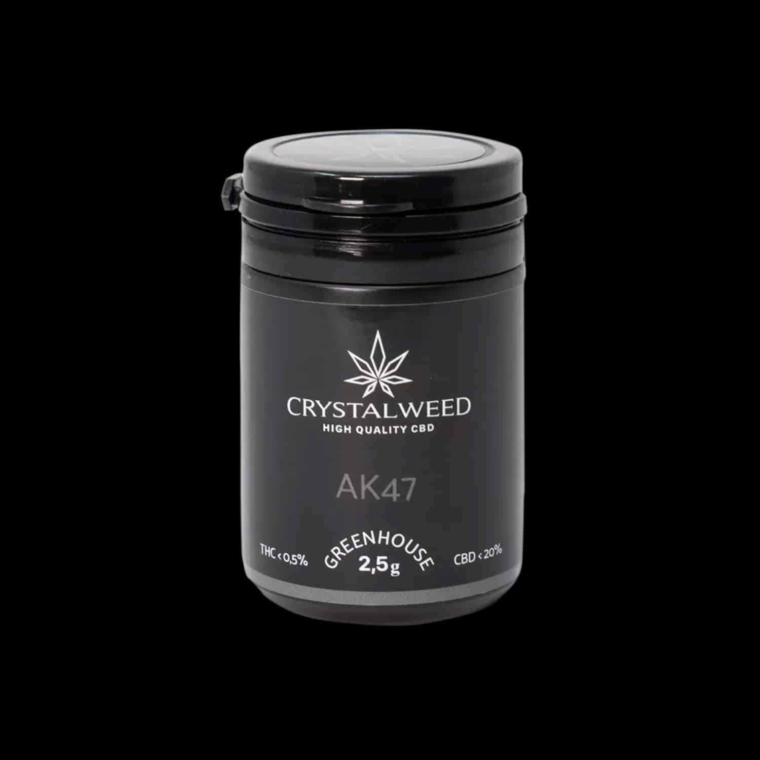 Barattolo Crystalweed “AK47” da 2,5 g per infiorescenza CBD su sfondo nero.