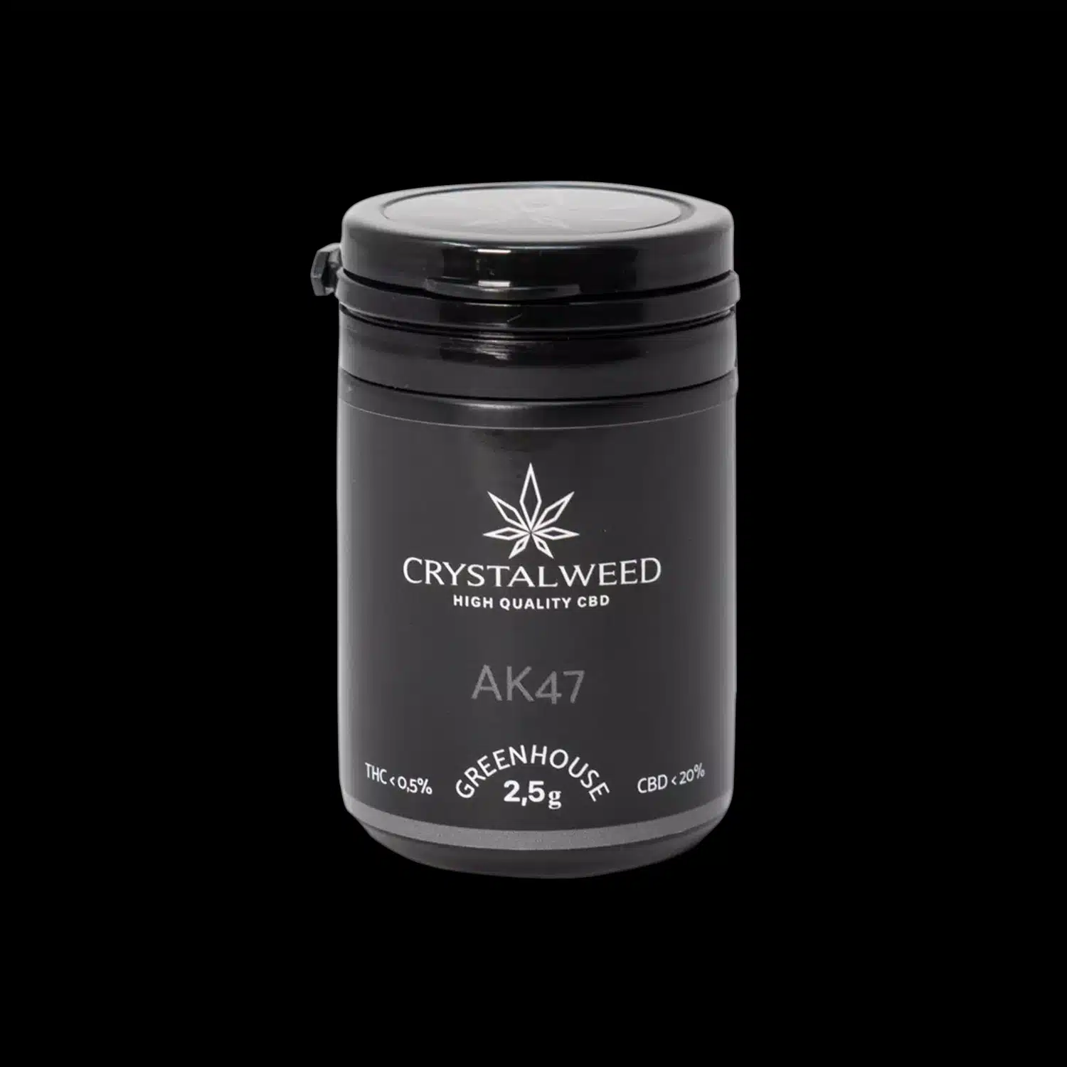 Barattolo Crystalweed “AK47” da 2,5 g per infiorescenza CBD su sfondo nero.