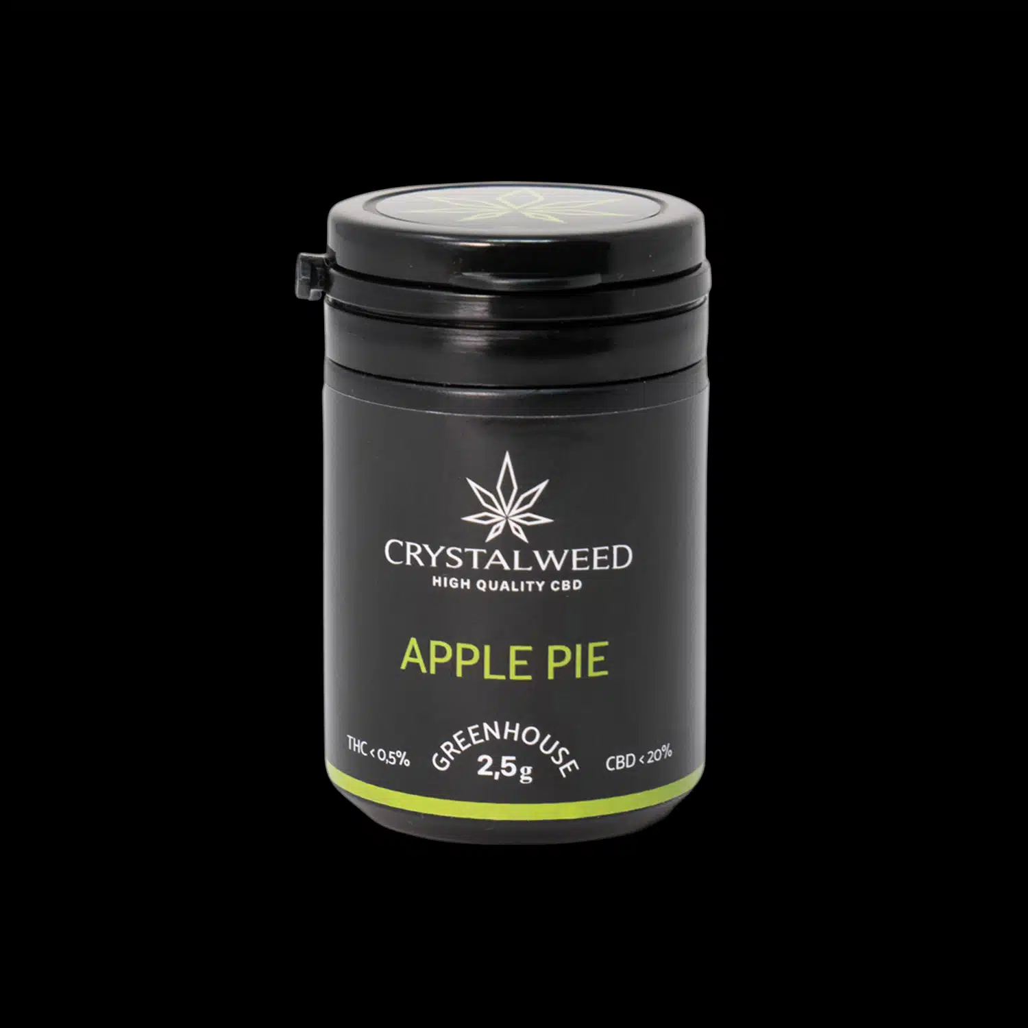 Barattolo Crystalweed “Apple Pie” da 2,5 g per infiorescenza CBD su sfondo nero.