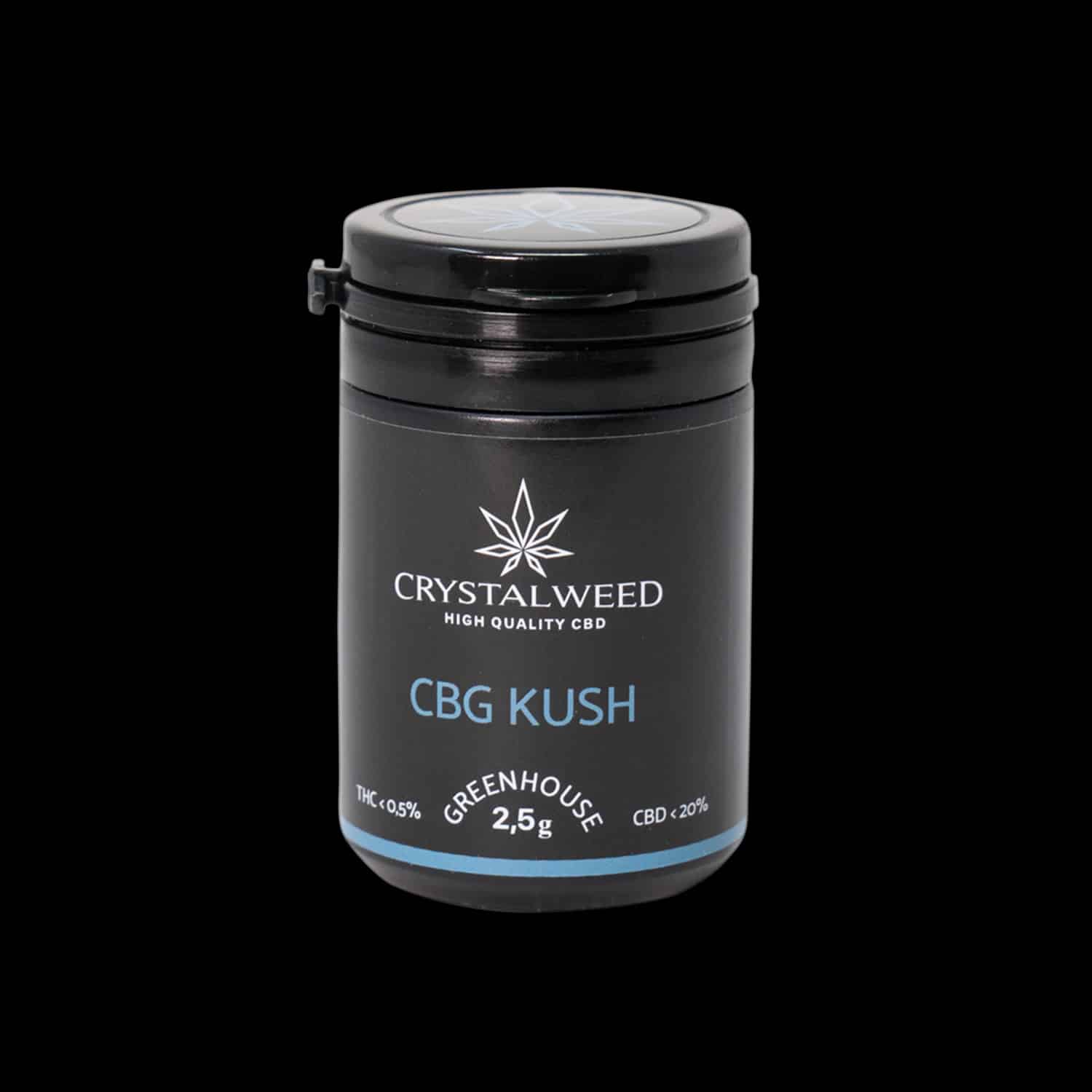 Barattolo Crystalweed “CBG Kush” da 2,5 g per infiorescenza CBD su sfondo nero.