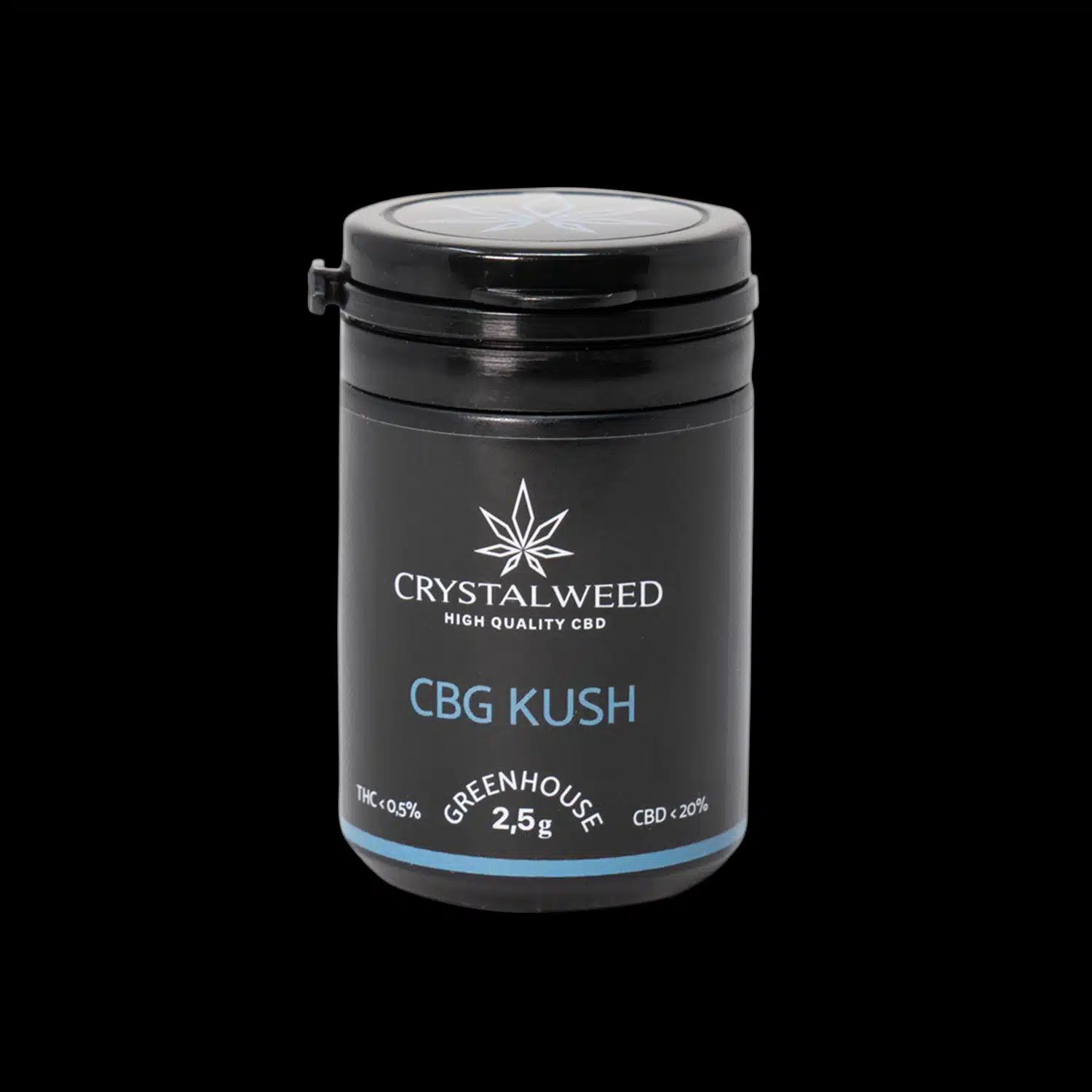 Barattolo Crystalweed “CBG Kush” da 2,5 g per infiorescenza CBD su sfondo nero.