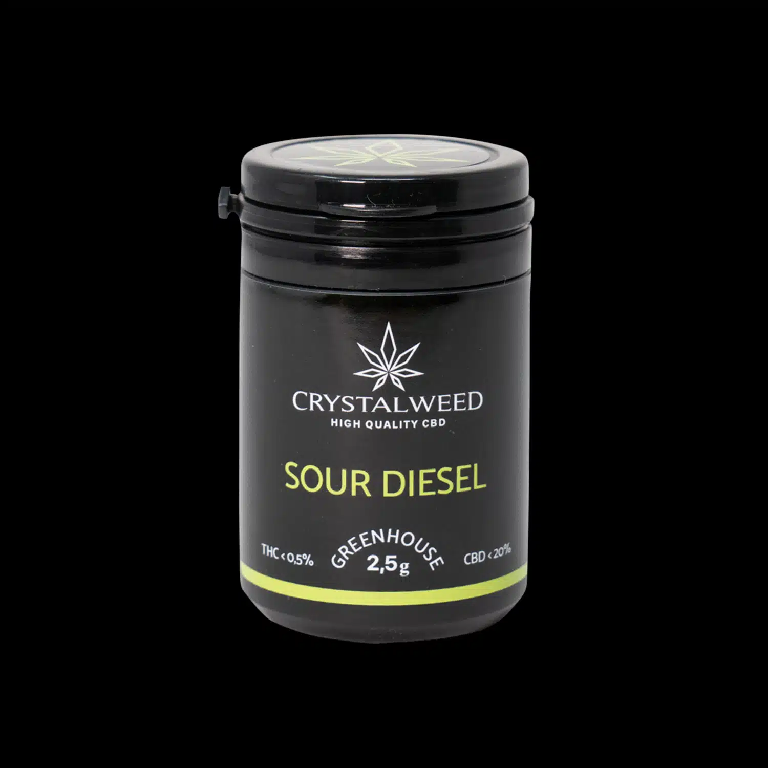 Barattolo Crystalweed “Sour Diesel” da 2,5 g per infiorescenza CBD su sfondo nero.