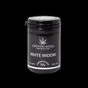 Barattolo Crystalweed “White Widow” da 2,5 g per infiorescenza CBD su sfondo nero.