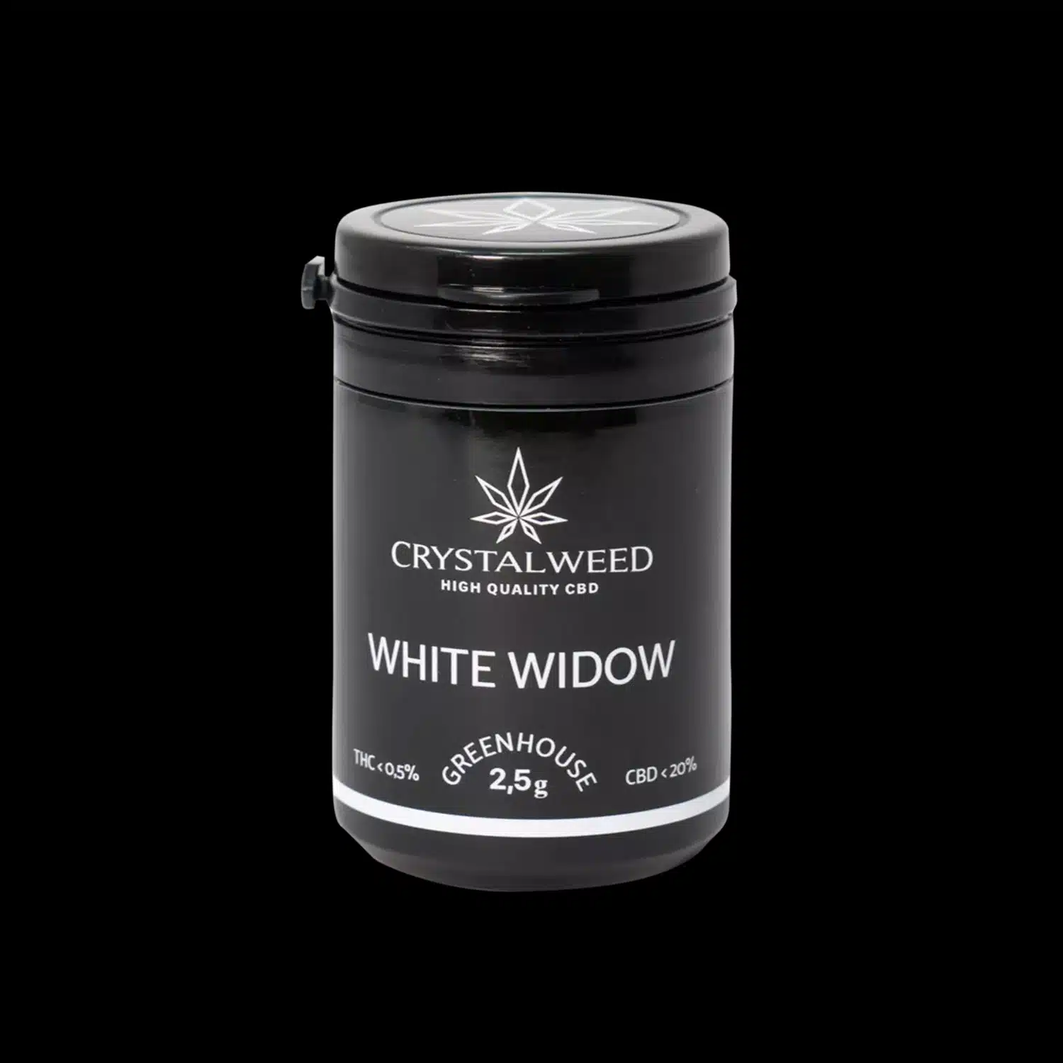 Barattolo Crystalweed “White Widow” da 2,5 g per infiorescenza CBD su sfondo nero.