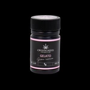 Barattolo Crystalweed “Gelato” da 1 g per infiorescenza CBD su sfondo nero.