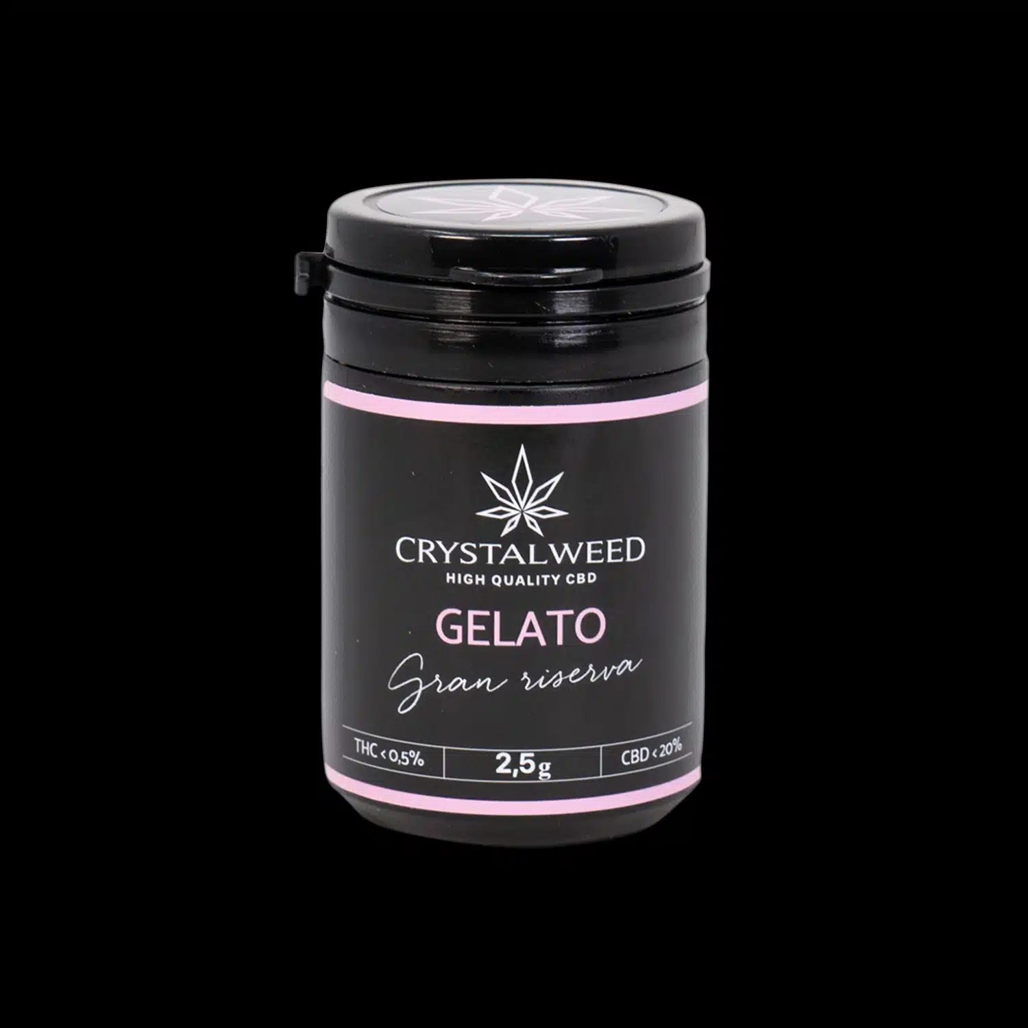 Barattolo Crystalweed “Gelato” da 2,5 g per infiorescenza CBD su sfondo nero.