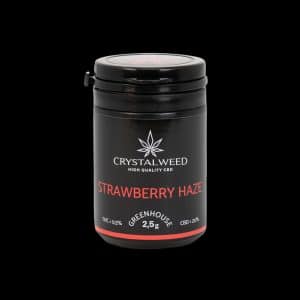 Barattolo Crystalweed “Strawberry Haze” da 2,5 g per infiorescenza CBD su sfondo nero.