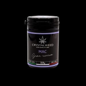 Barattolo Crystalweed “Mac” da 2,5 g per infiorescenza CBD su sfondo nero.