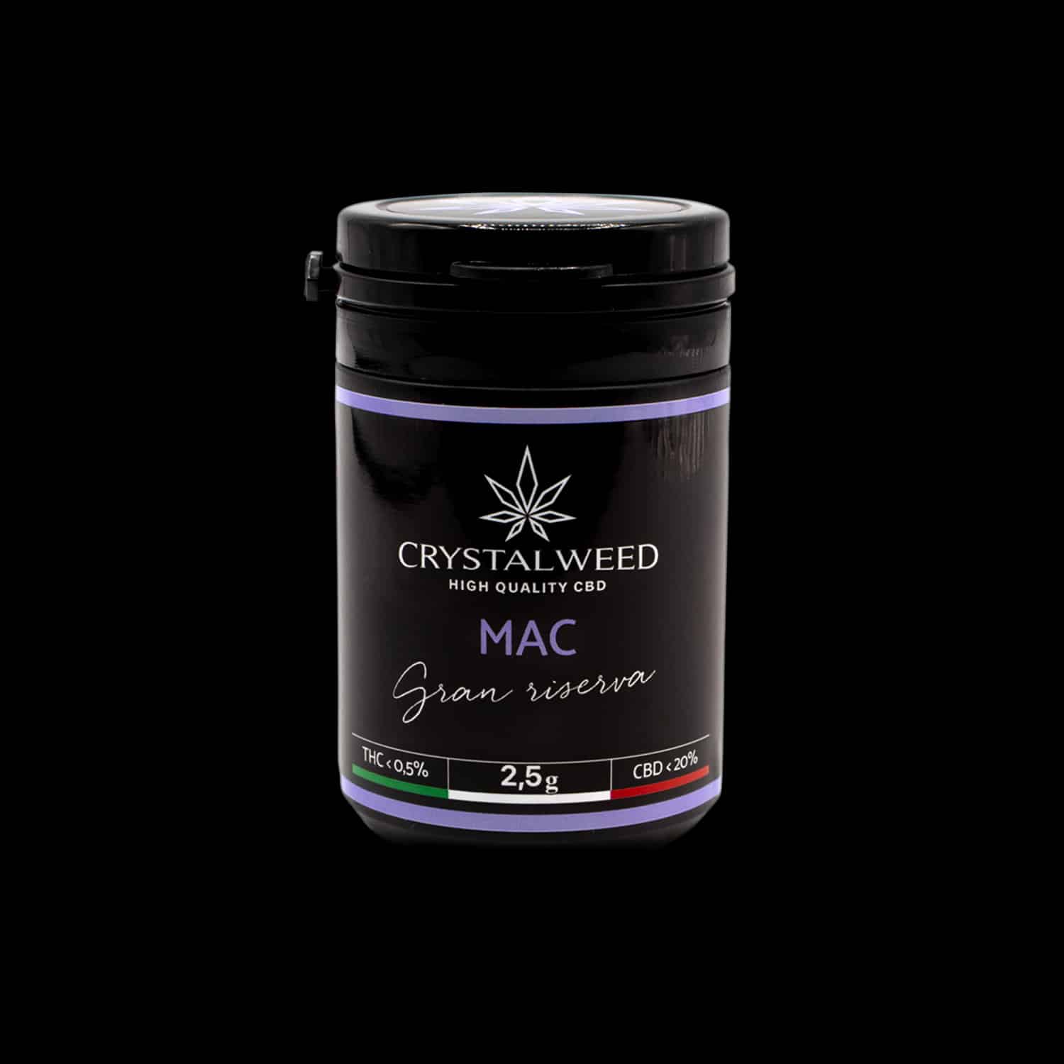 Barattolo Crystalweed &ldquo;Mac&rdquo; da 2,5 g per infiorescenza CBD su sfondo nero.