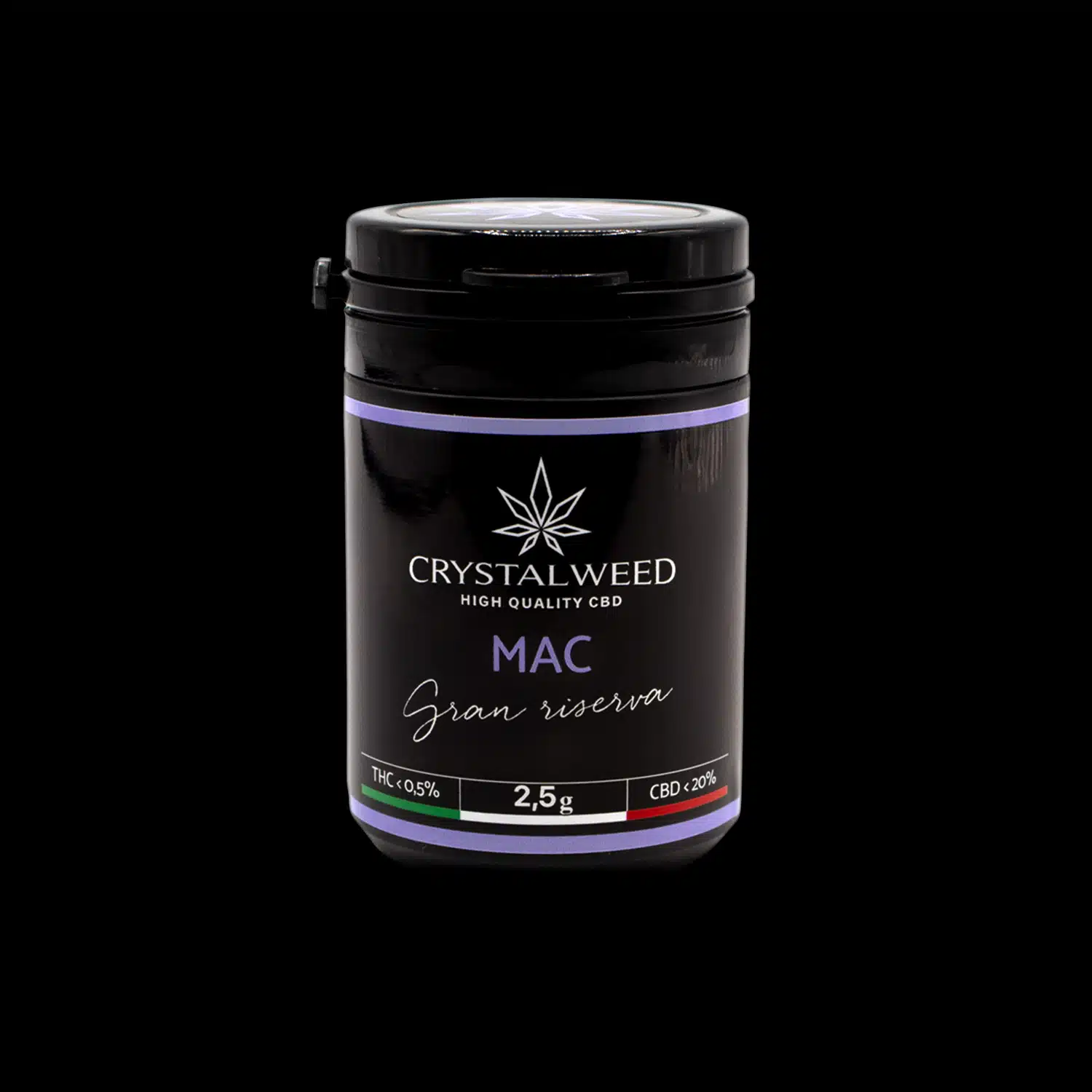 Barattolo Crystalweed “Mac” da 2,5 g per infiorescenza CBD su sfondo nero.