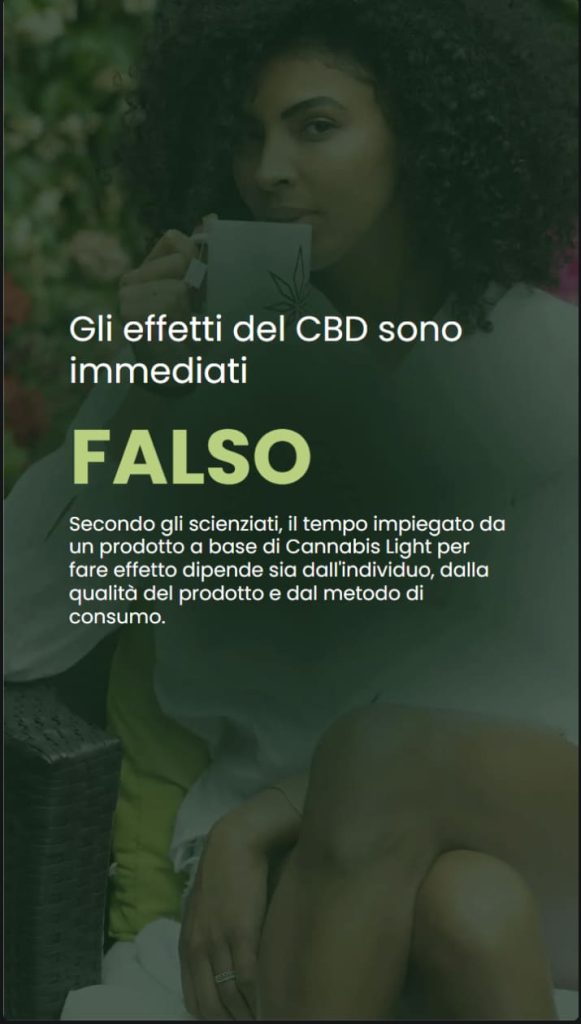 Infografica che risponde alla domanda: gli effetti del CBD sono immediati? Spiega che dipende dall'individuo, dalla qualità del prodotto e dal metodo di consumo.