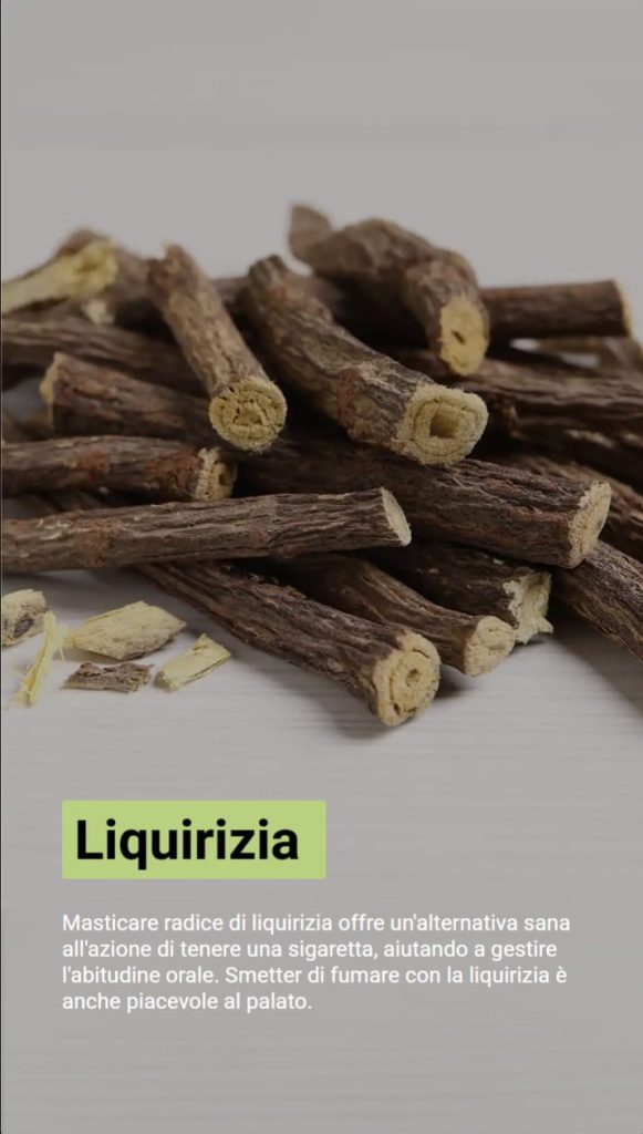 Foto di radici di liquirizia essiccate. Il testo spiega che vengono utilizzate come alternativa naturale alla sigaretta per gestire l’abitudine orale e smettere di fumare.