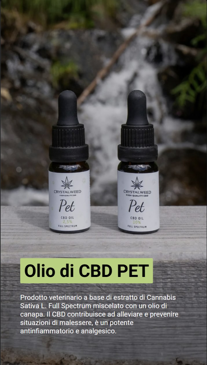 Immagine di due flaconi di olio di CBD per animali di Crystalweed. Il testo descrive il prodotto, ovvero un olio full spectrum, estratto dalla pianta di Cannabis Sativa e miscelato con olio di canapa. Dice che il CBD è un potente analgesico e antinfiammatorio.