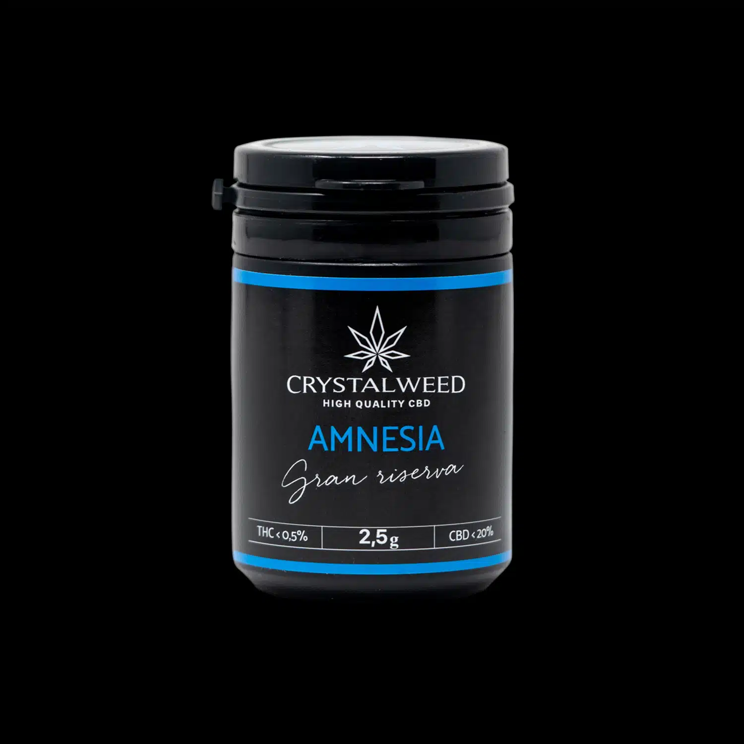 Barattolo Crystalweed “Amnesia” da 2,5 g per infiorescenza CBD su sfondo nero.