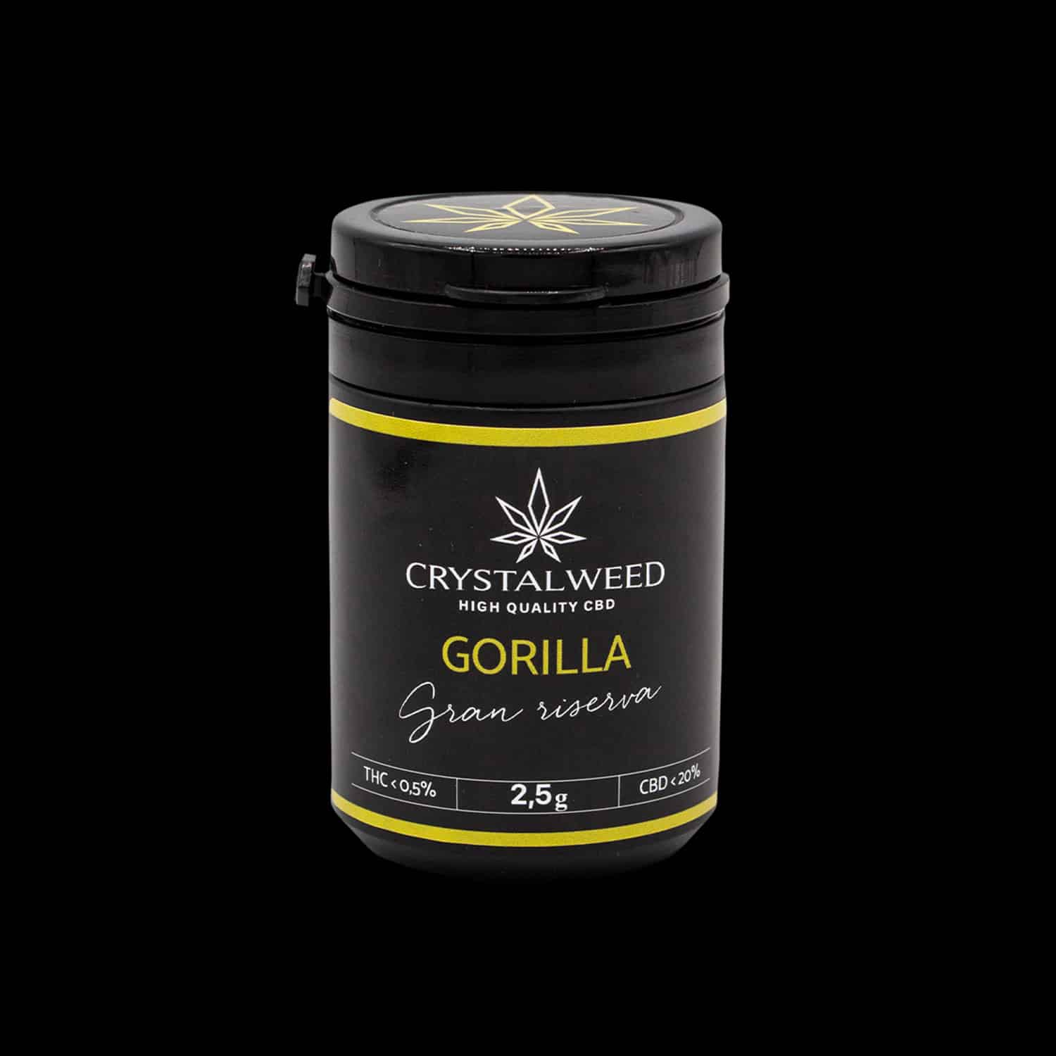 Barattolo Crystalweed &ldquo;Gorilla Glue&rdquo; da 2,5 g per infiorescenza CBD su sfondo nero.