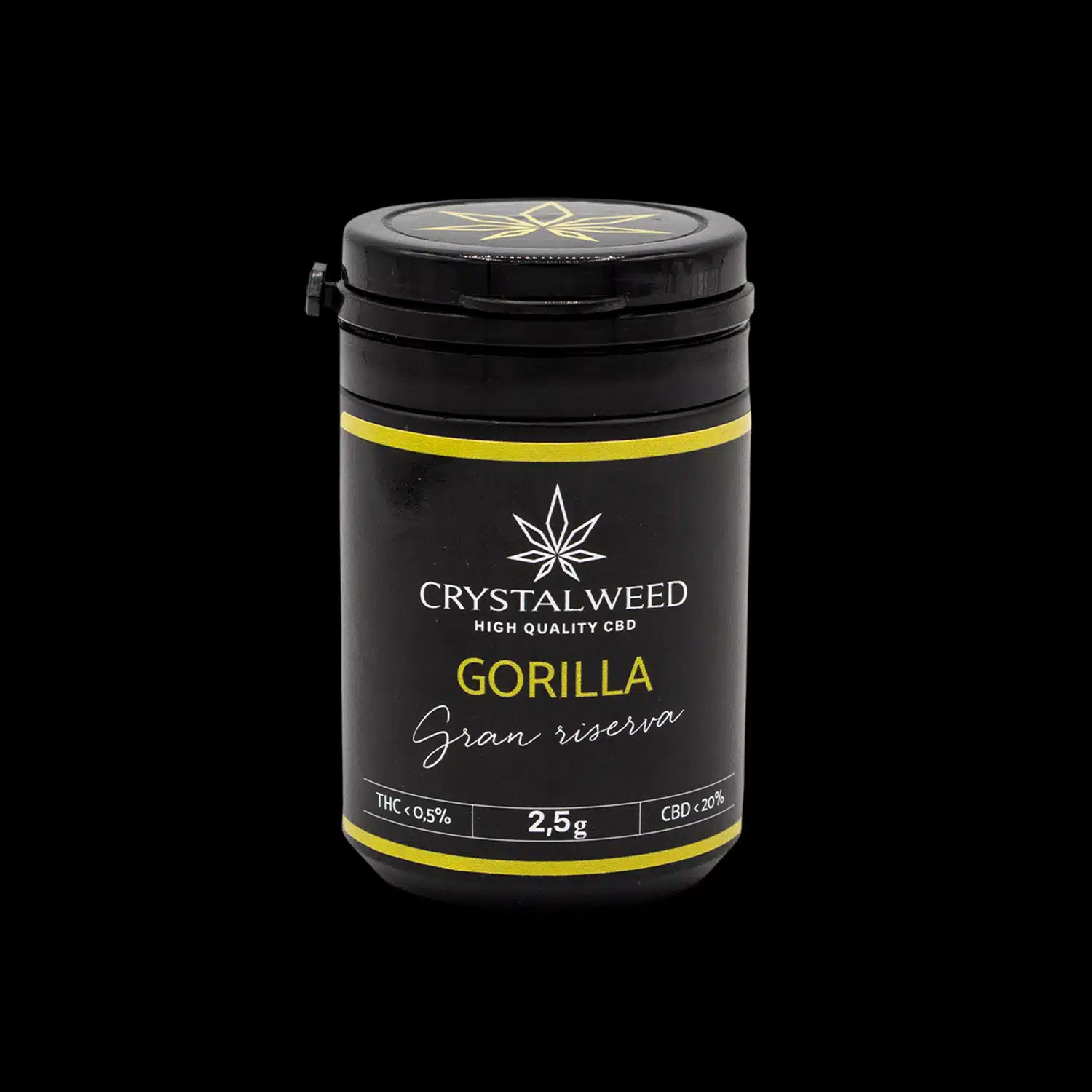 Barattolo Crystalweed “Gorilla Glue” da 2,5 g per infiorescenza CBD su sfondo nero.
