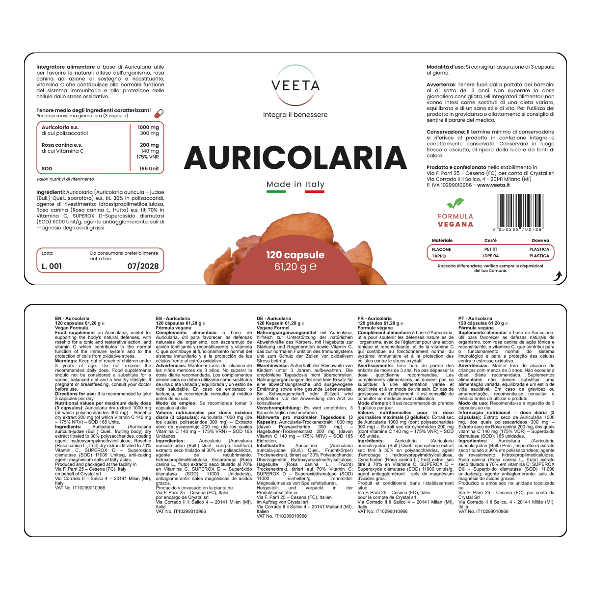 Auricolaria fungo medicinale Veeta ingredienti