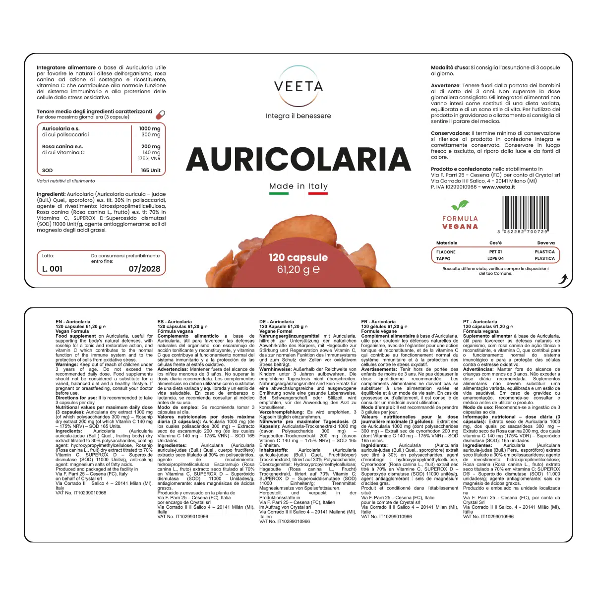 Auricolaria fungo medicinale Veeta ingredienti