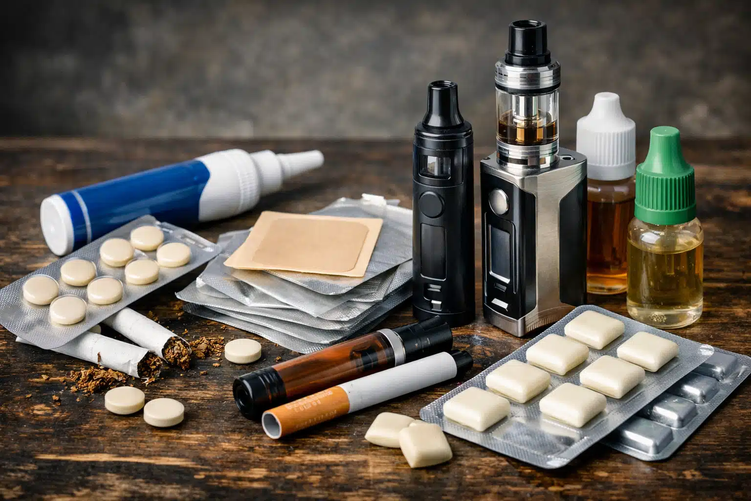 migliori rimedi per smettere di fumare sostituti della nicotina Sostituti della nicotina come cerotti, gomme, sigarette elettroniche e pastiglie disposti su un tavolo.