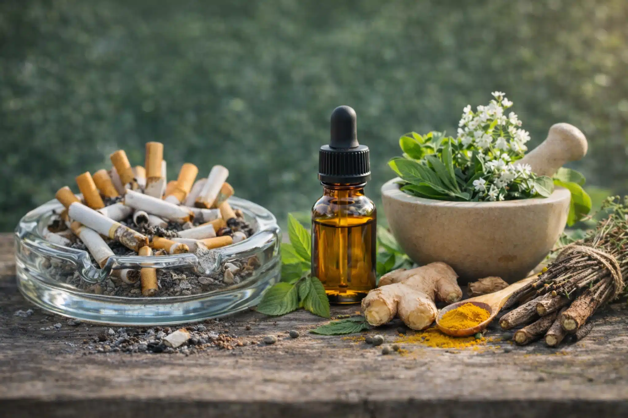 Olio naturale in flacone con erbe medicinali, zenzero e radici su tavolo in legno, accanto a un posacenere pieno di sigarette, concetto di rimedi naturali per smettere di fumare.