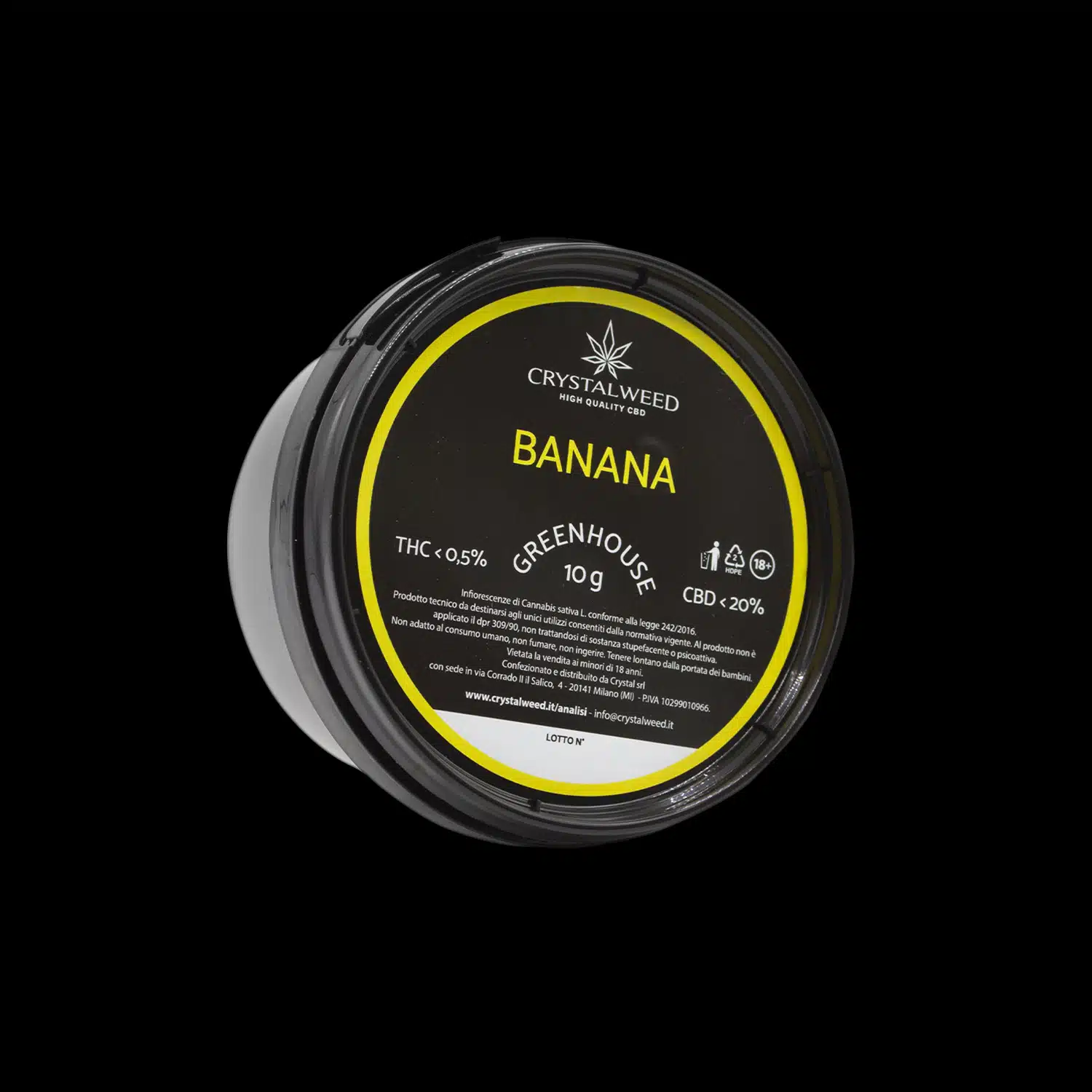 Barattolo Crystalweed &ldquo;Banana&rdquo; da 10 g per infiorescenza CBD su sfondo nero.