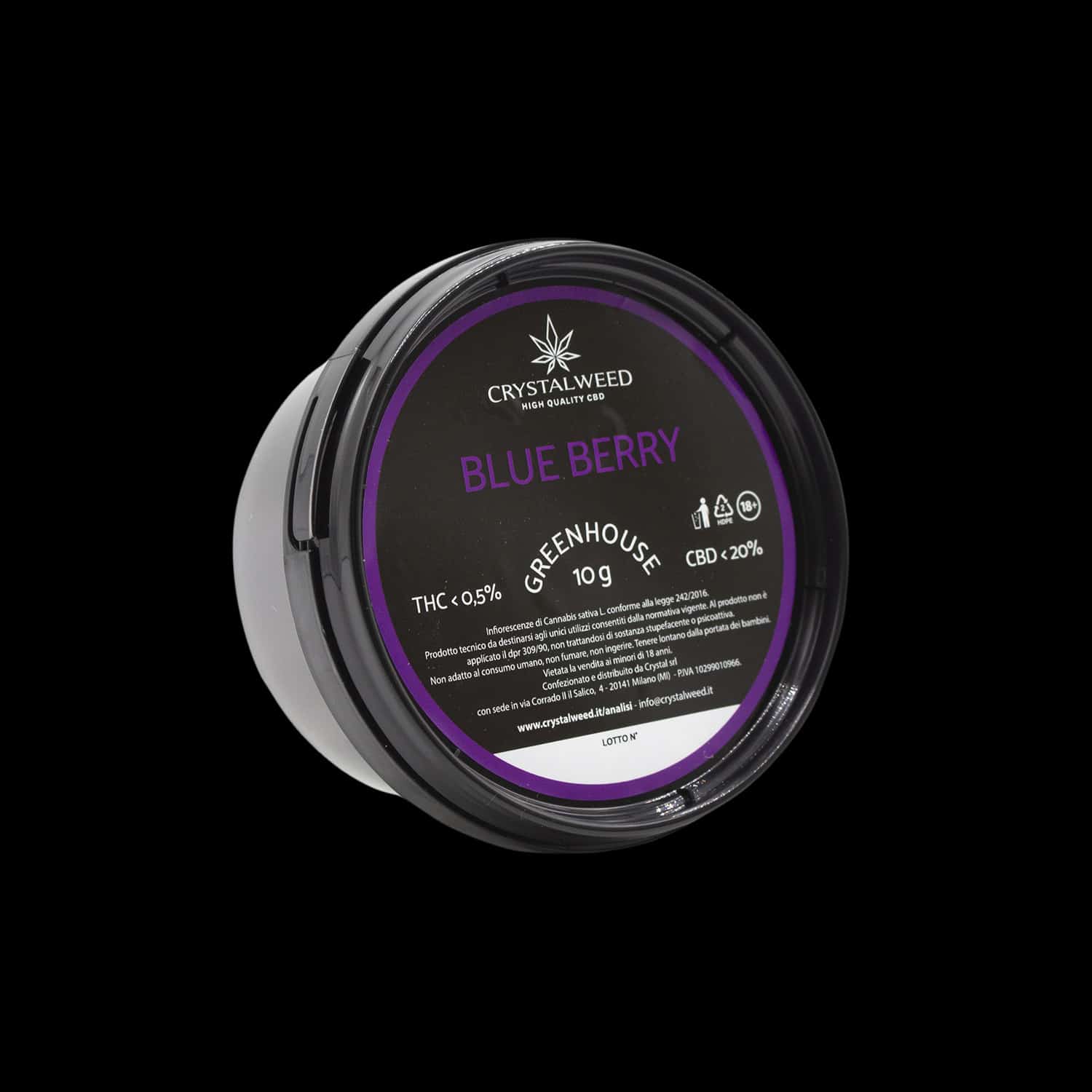 Barattolo Crystalweed “Blue Berry” da 10 g per infiorescenza CBD su sfondo nero.