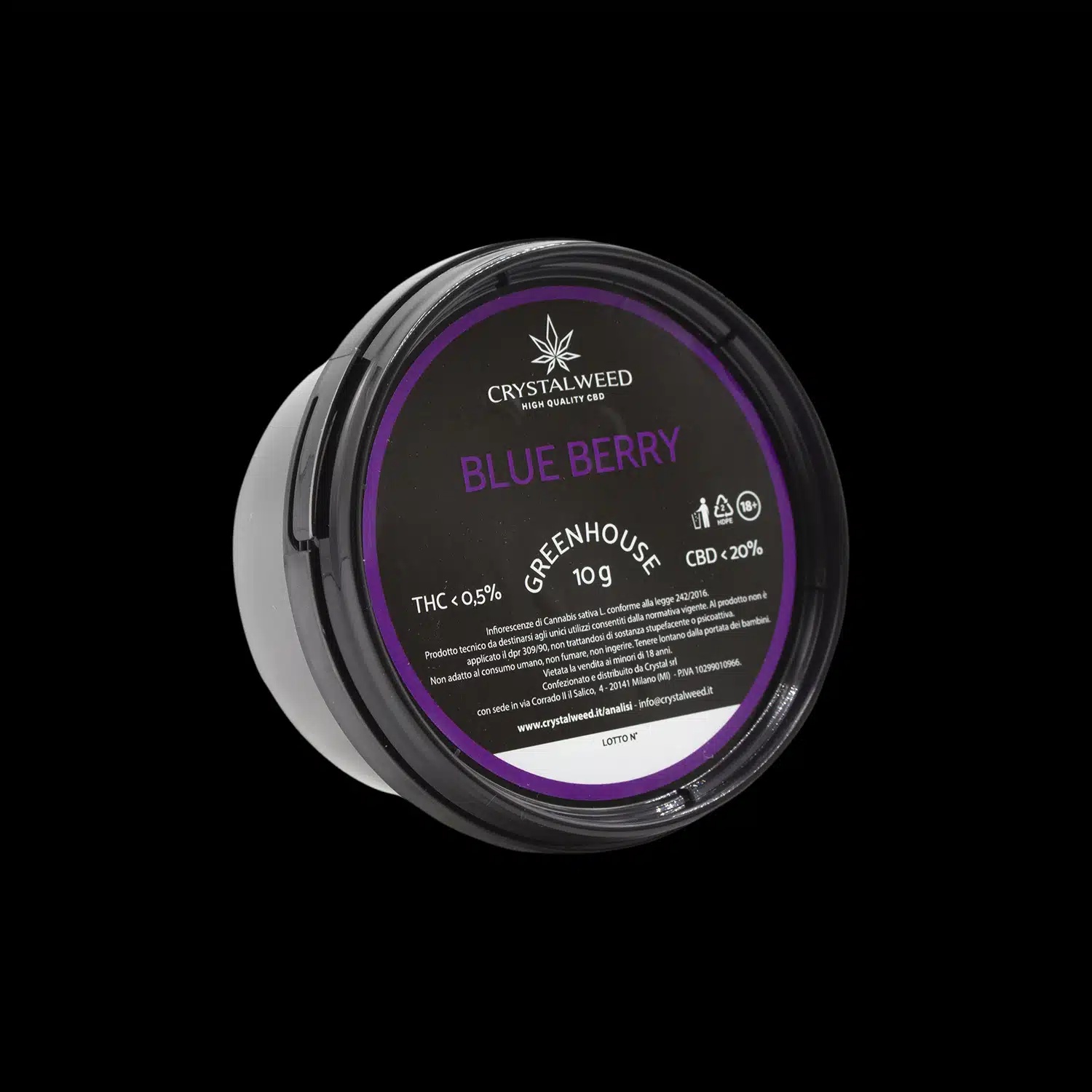 Barattolo Crystalweed &ldquo;Blue Berry&rdquo; da 10 g per infiorescenza CBD su sfondo nero.
