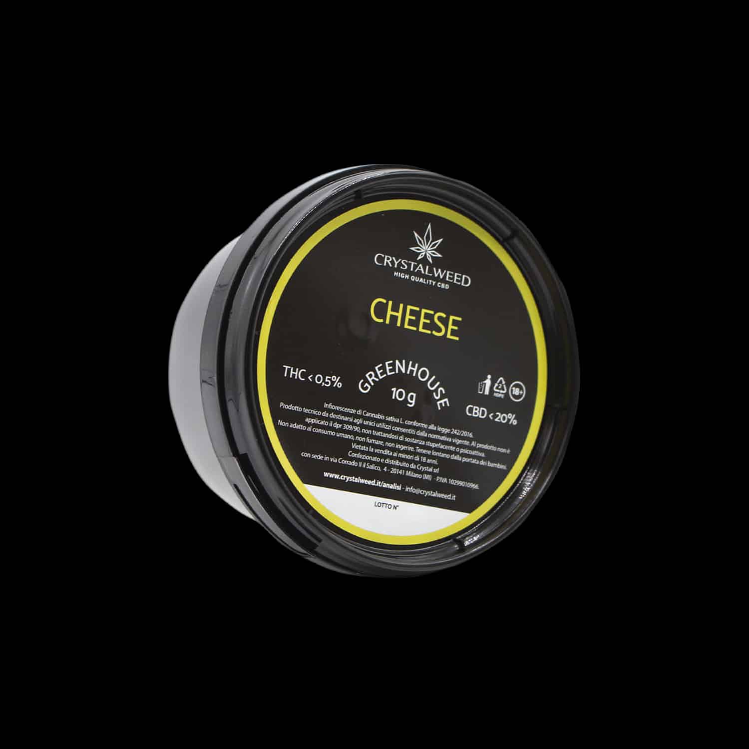 Barattolo Crystalweed “Cheese” da 10 g per infiorescenza CBD su sfondo nero.