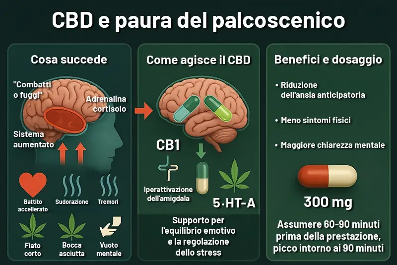 cbd 300mg contro paura da palco infografica CBD e paura da palcoscenico con dosaggio più indicato